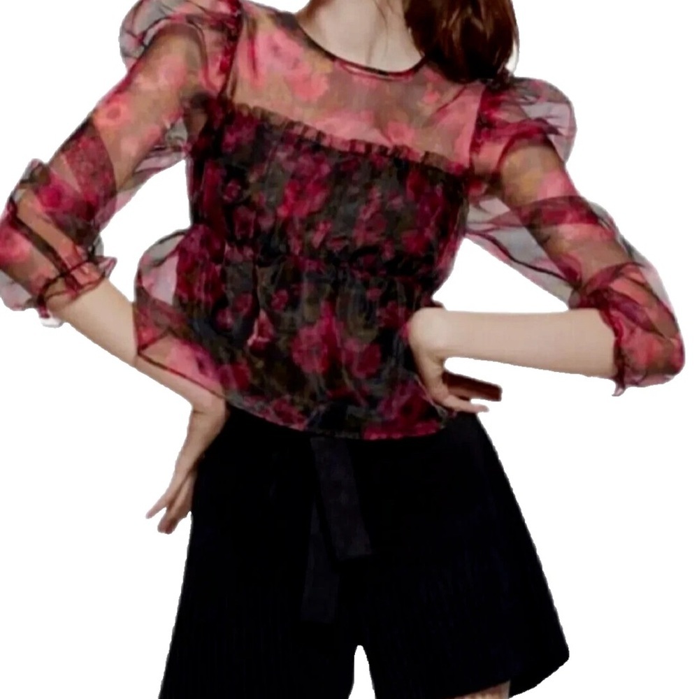 Women Red Floral Organza Sheer Floral Frill Puff Sleeve M